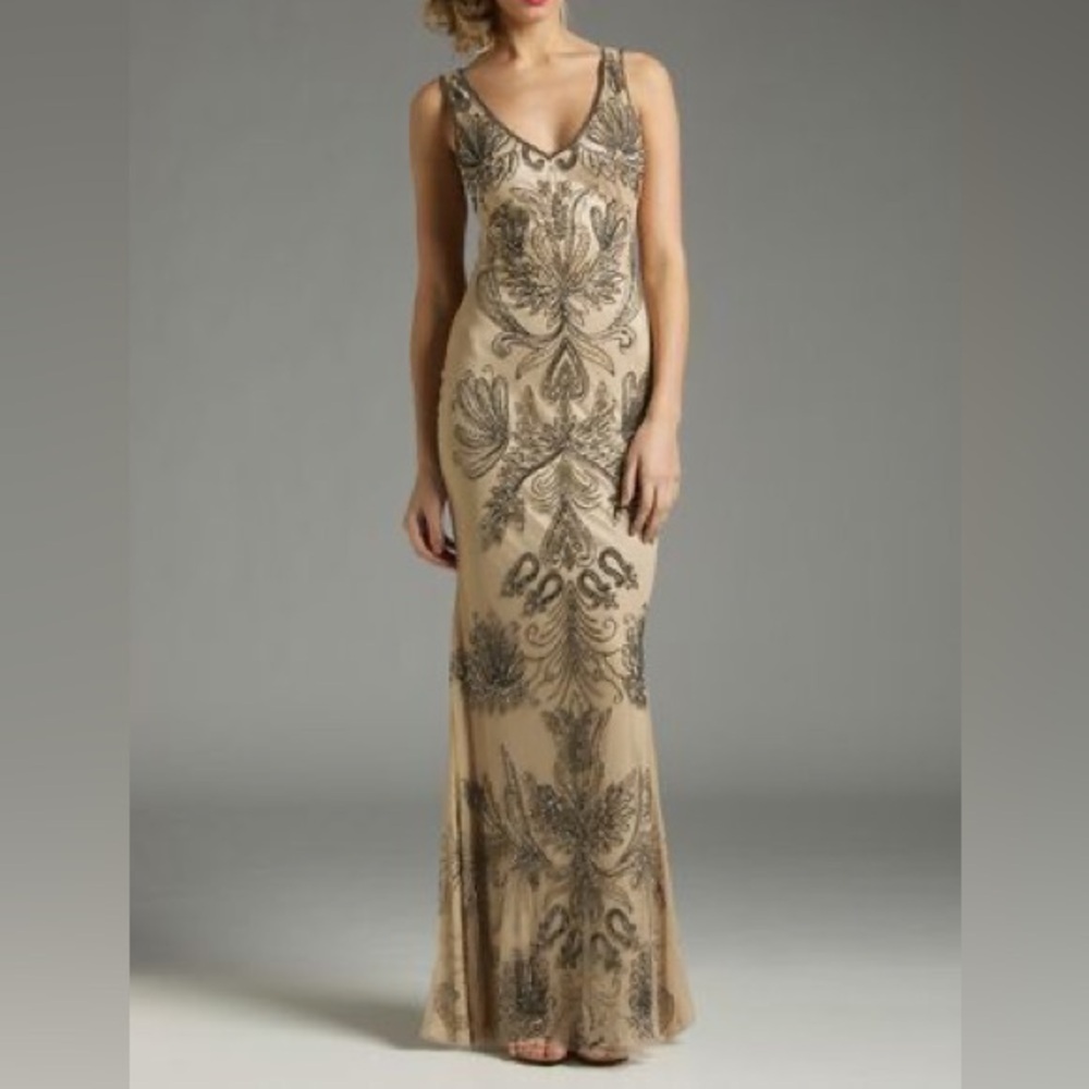 Lotus Threads Bouquet Beaded Maxi Formal Gown Champagne
